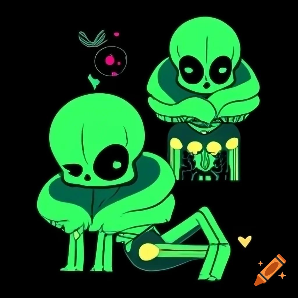 Transparent green skeleton character design against black background