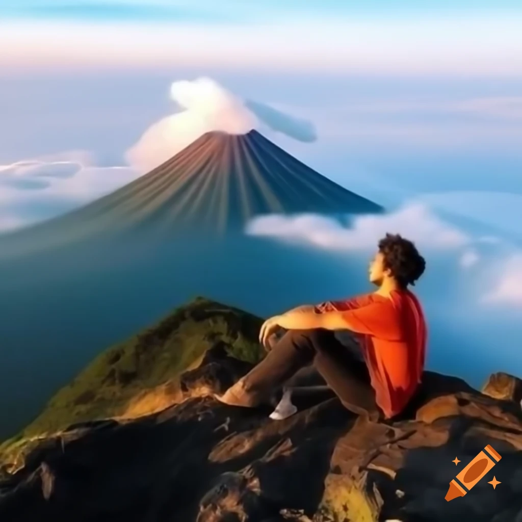 Man relaxing at the foot of an erupting Mount Merapi