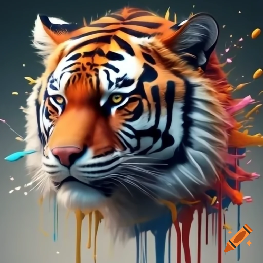 Dashing tiger head with artistic paint splashes, dynamic 3D effect