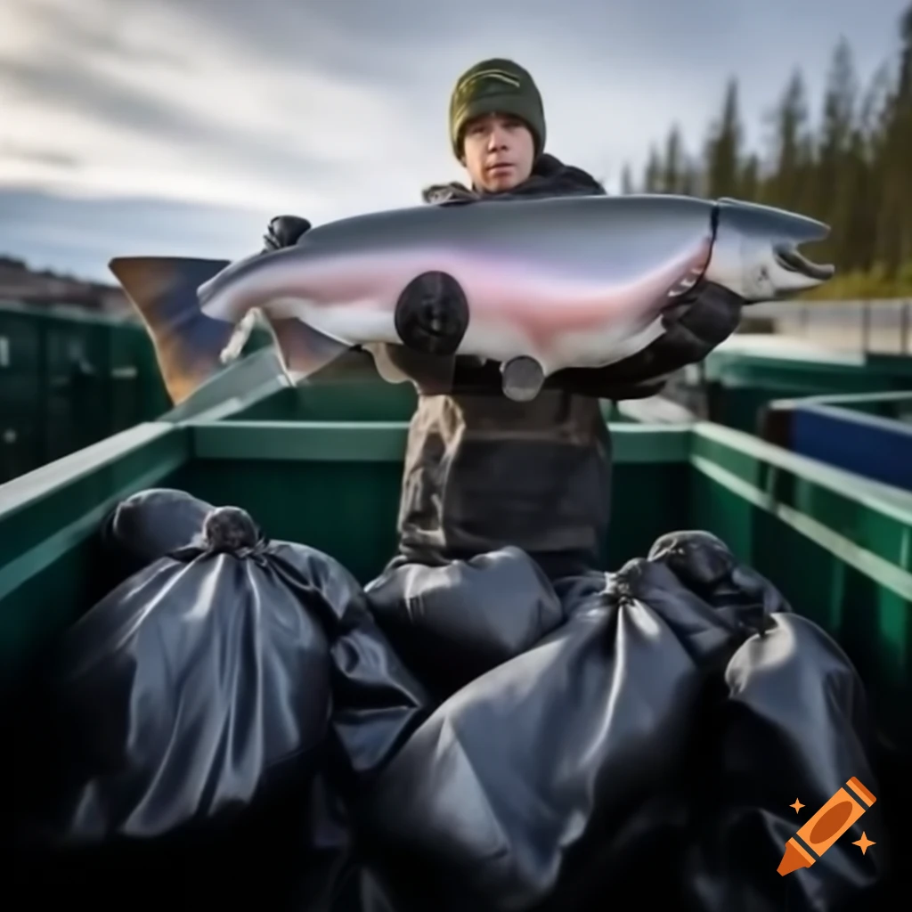 A young man throws a salmon into a bin on Alaska docks on Craiyon