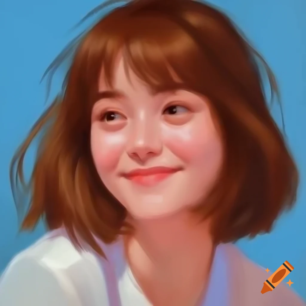 Realistic painting of smiling brown-haired woman in pastel colors with blue background