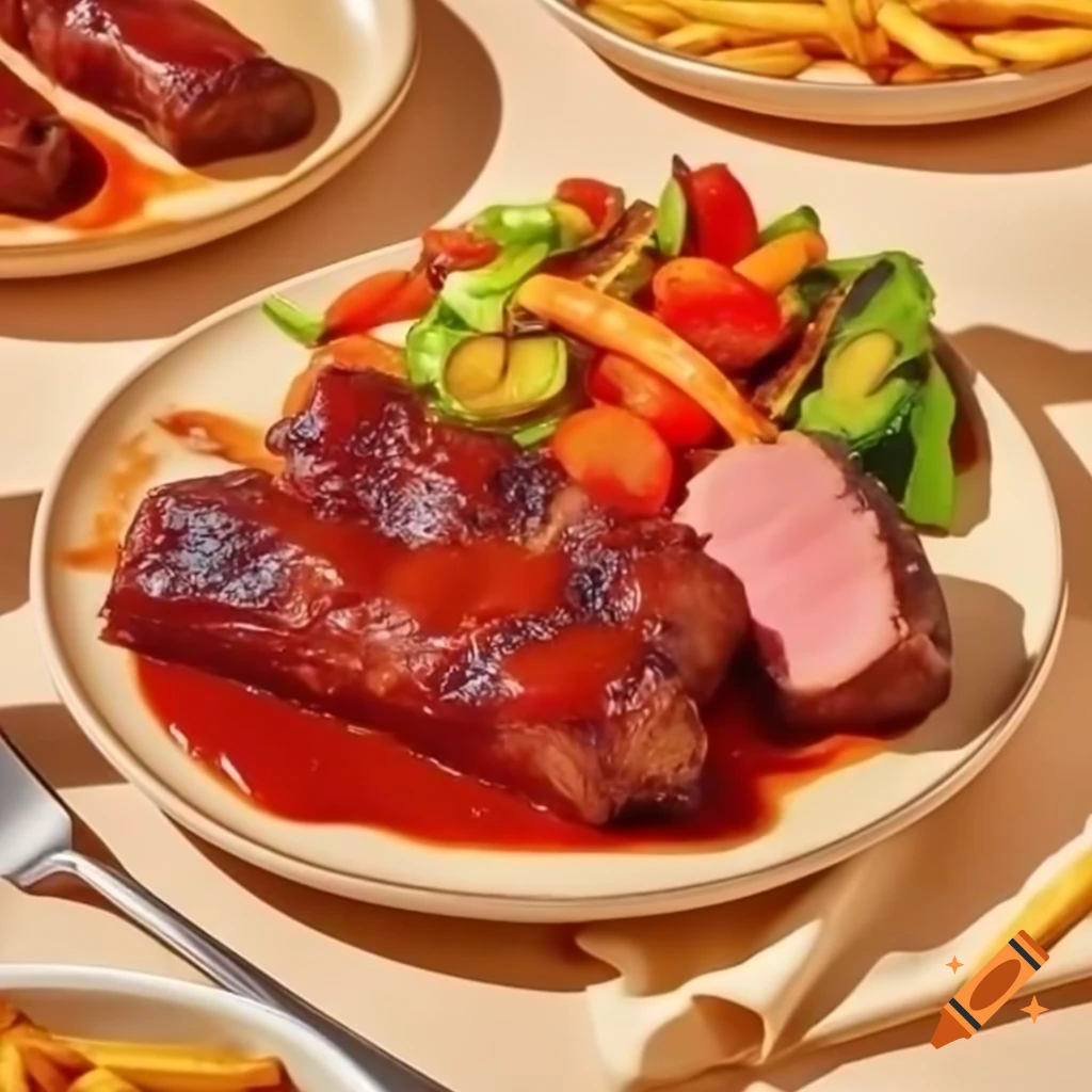 BBQ meat ribs with sauce, grilled vegetables, and fries on a beige plate