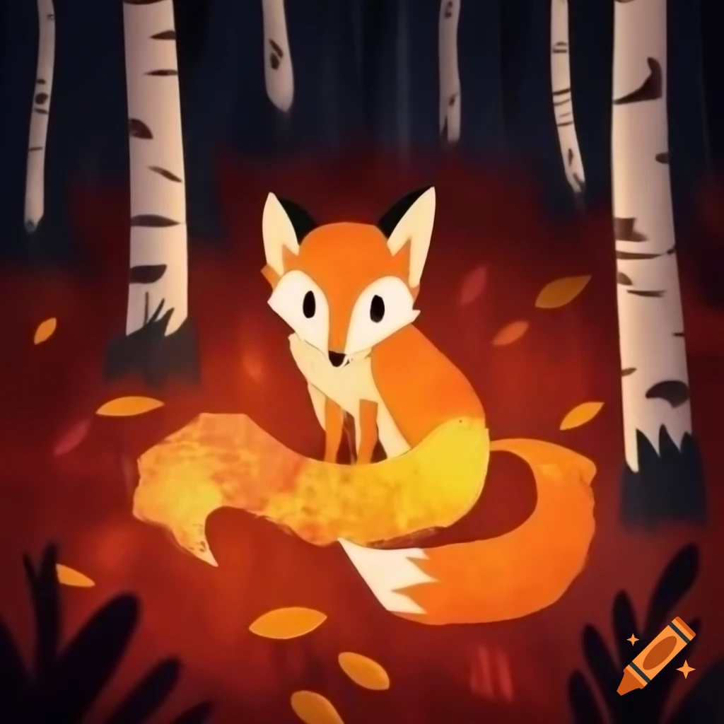 Autumn forest floor with amber and gold leaves and a curious fox named Finn