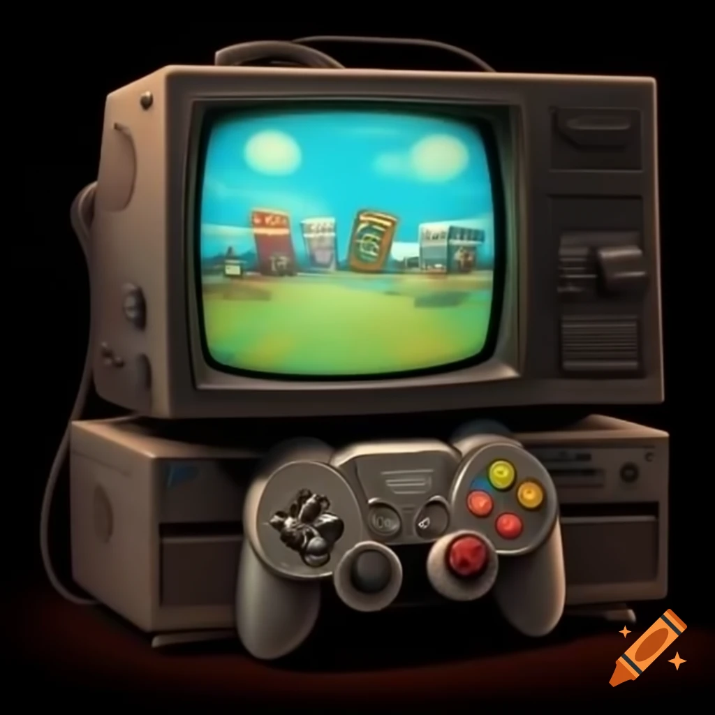 Retro game console with two controllers and nostalgic video games on television