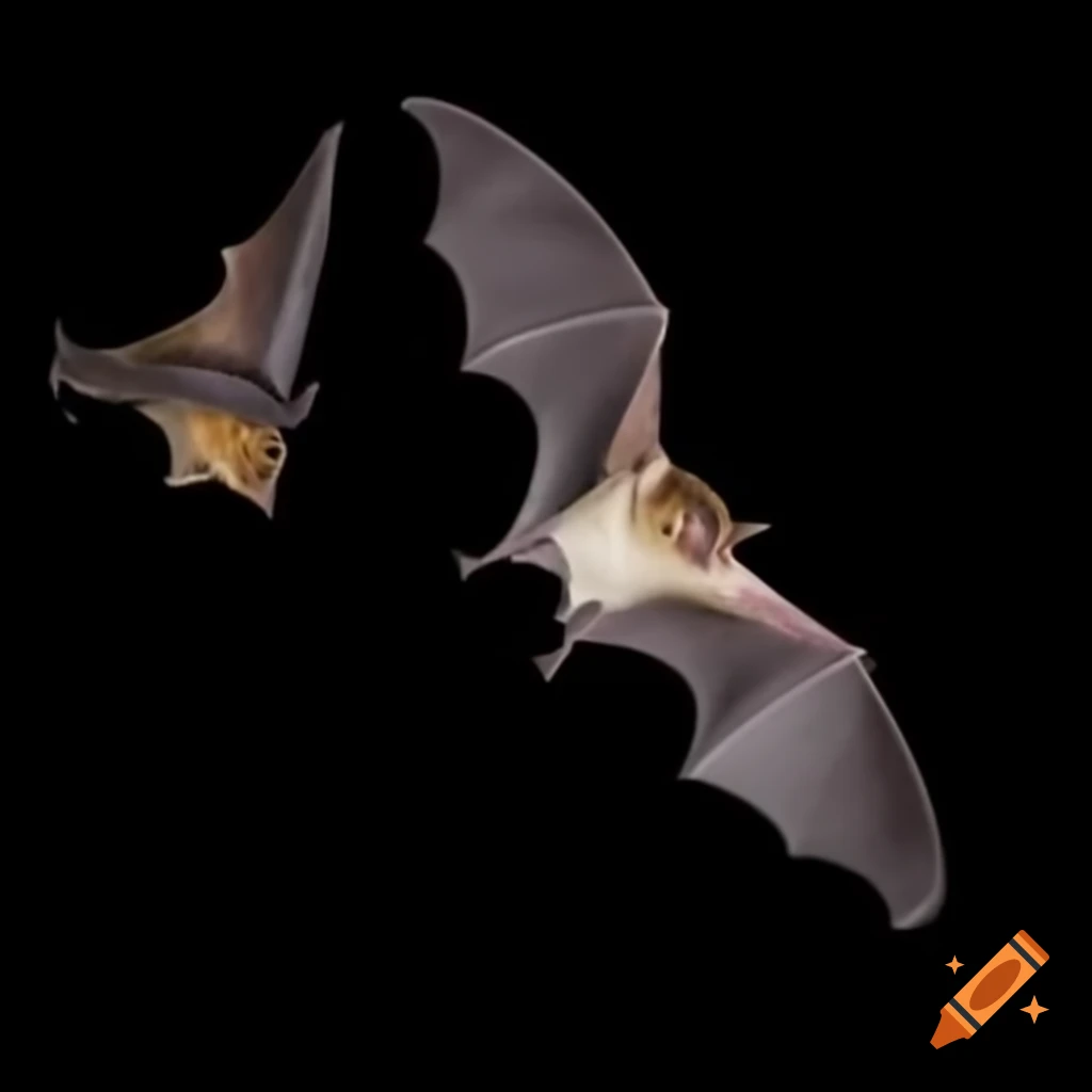 Colony of bats roosting with two bats flying out, silhouetted against light