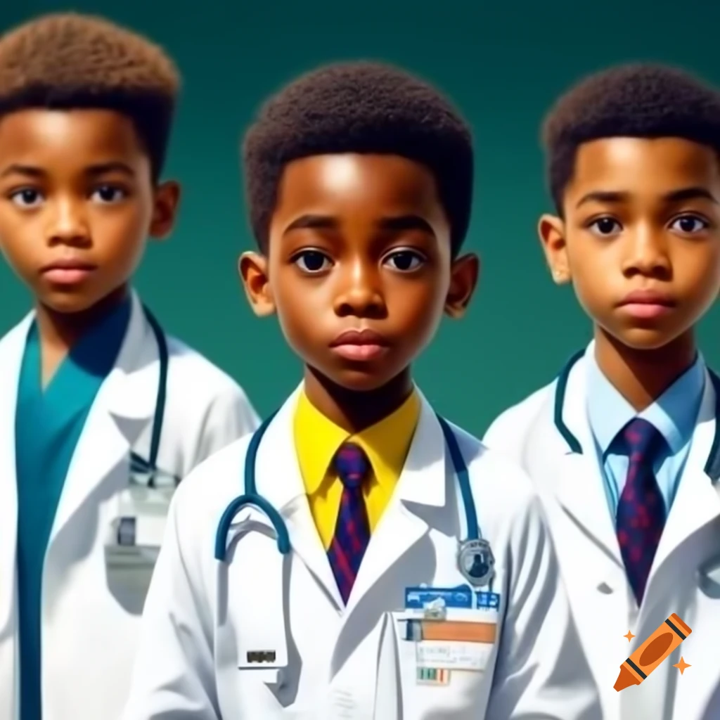 Three boys wearing white doctor coats