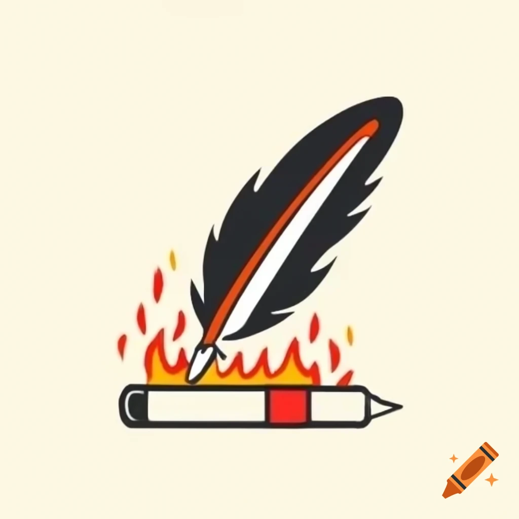 Minimalist icon of black quill pen with vibrant flames at tip, symbolizing creativity