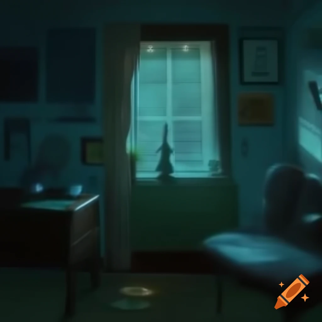 Cozy dimly lit room with vintage decor and rainy street view at night