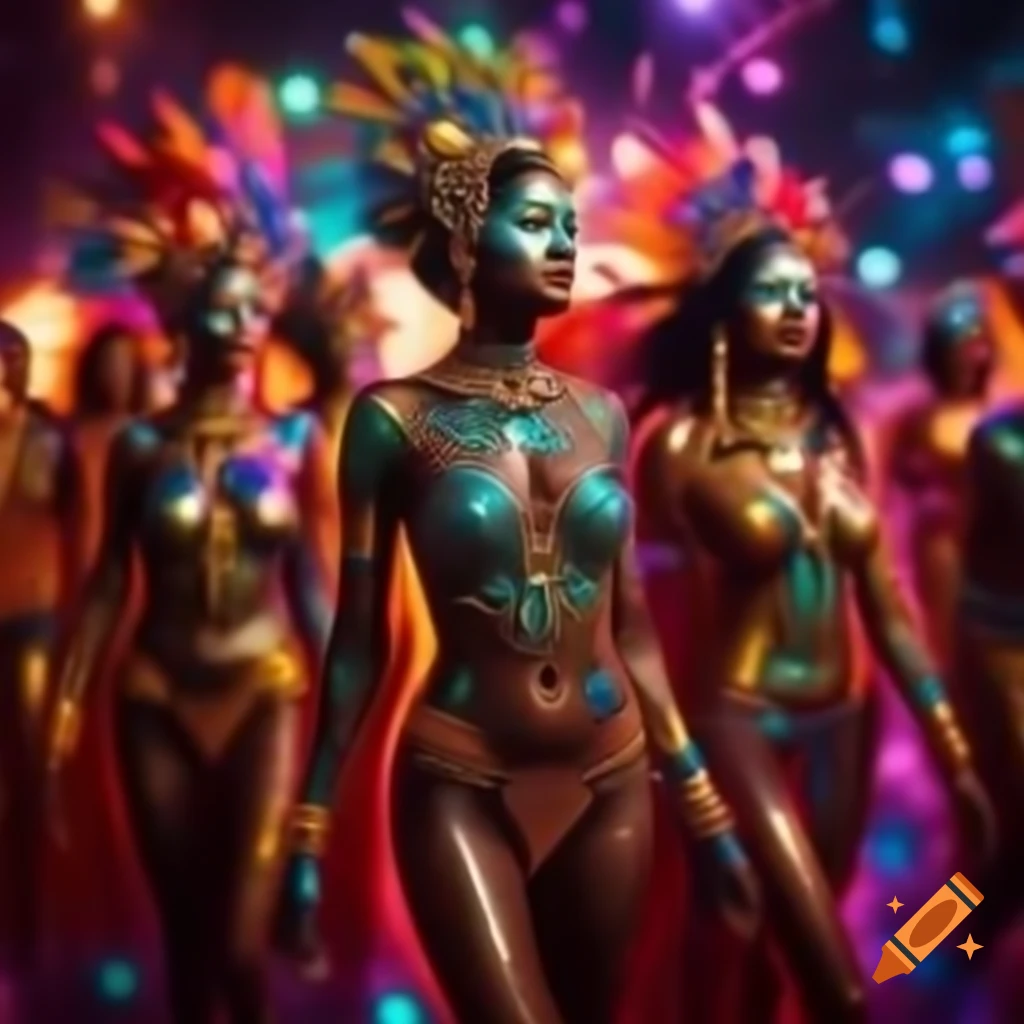 Vibrant figures in jewel-toned body paint at psychedelic trance celebration