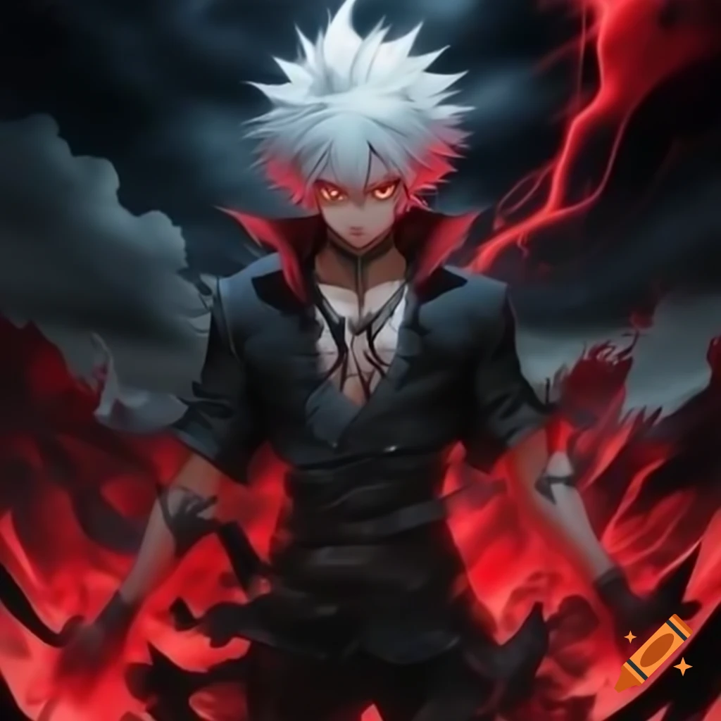 Anime character with spiky white hair and glowing red eyes exuding ...