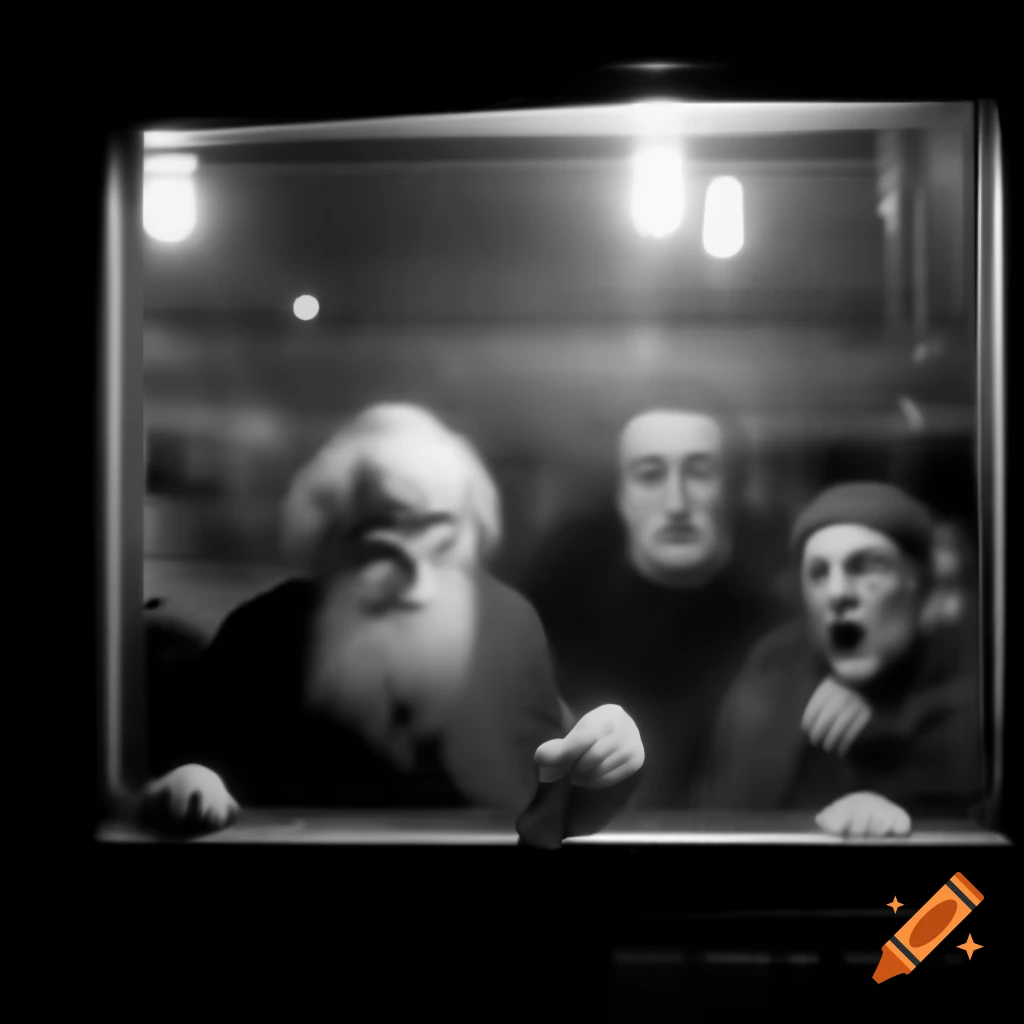 Scottish artist Alasdair Gray gazing into charity shop window at night, unique sketch style
