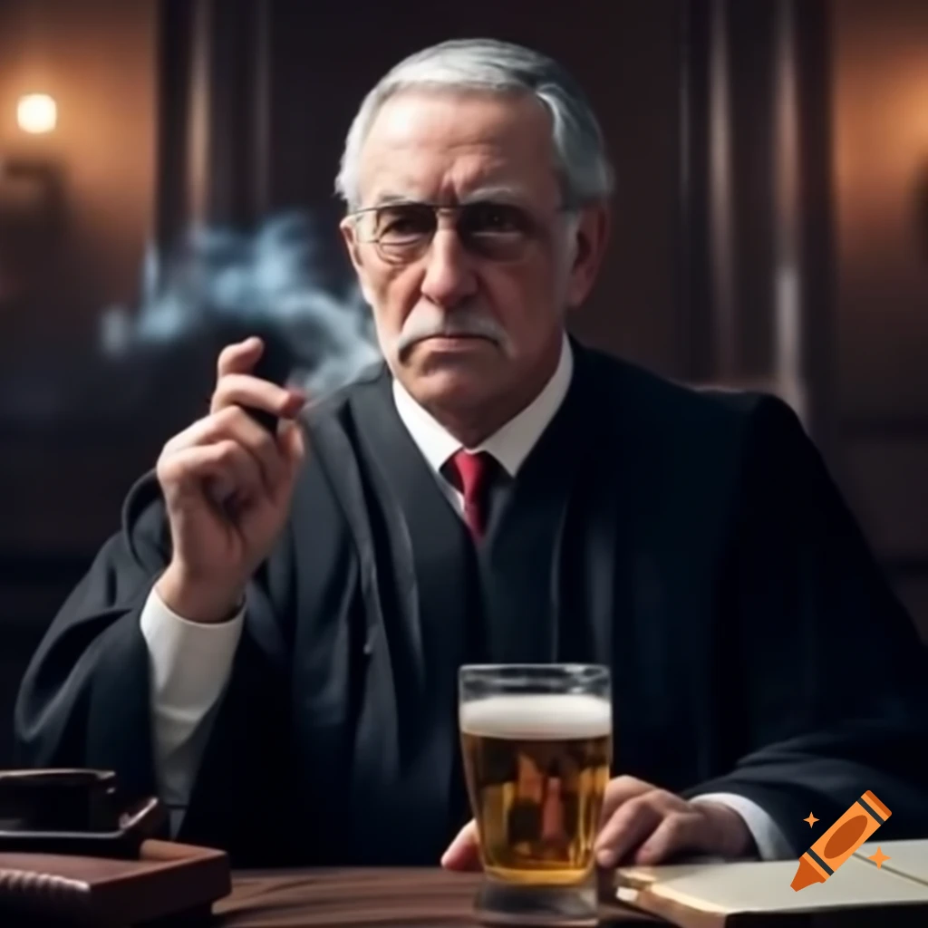 Judge in legal proceedings smoking cigarette and drinking beer