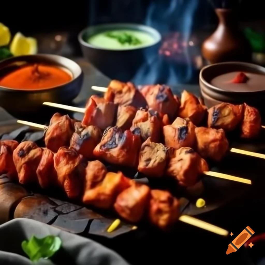 Close-up of sizzling tandoori kebabs on skewers with smoky char on rustic platter