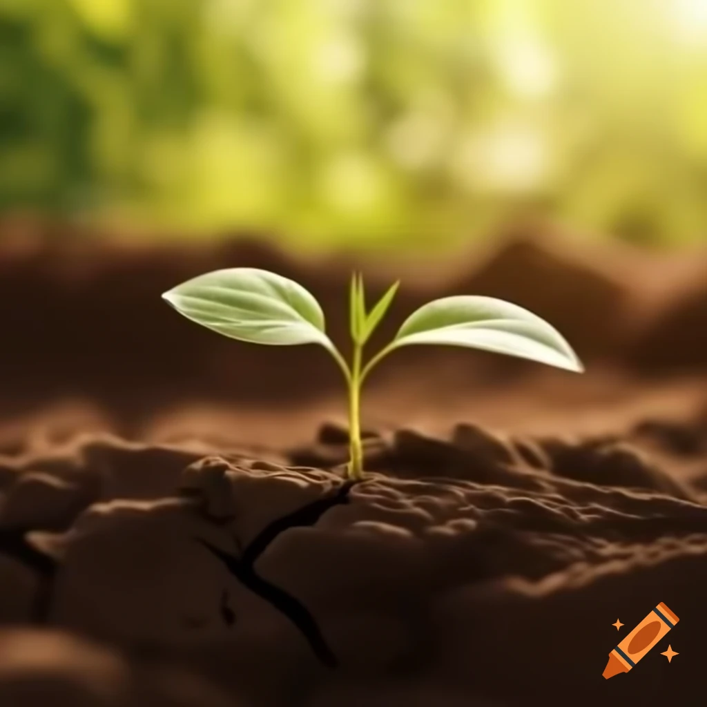 Small plant sprouting from cracked dry soil with sunlight, symbolizing resilience