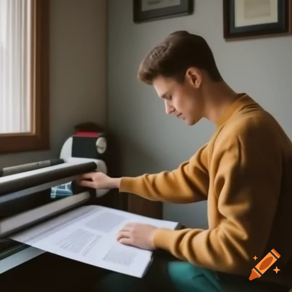Young male adult happily working with plotter creating content