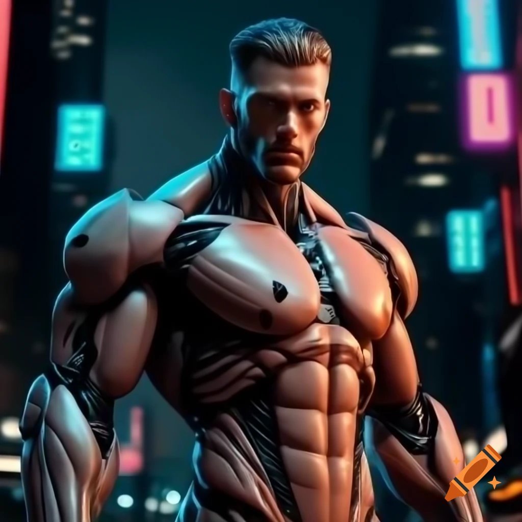 Tall muscular cyborg with glowing eye, blending organic and mechanical ...