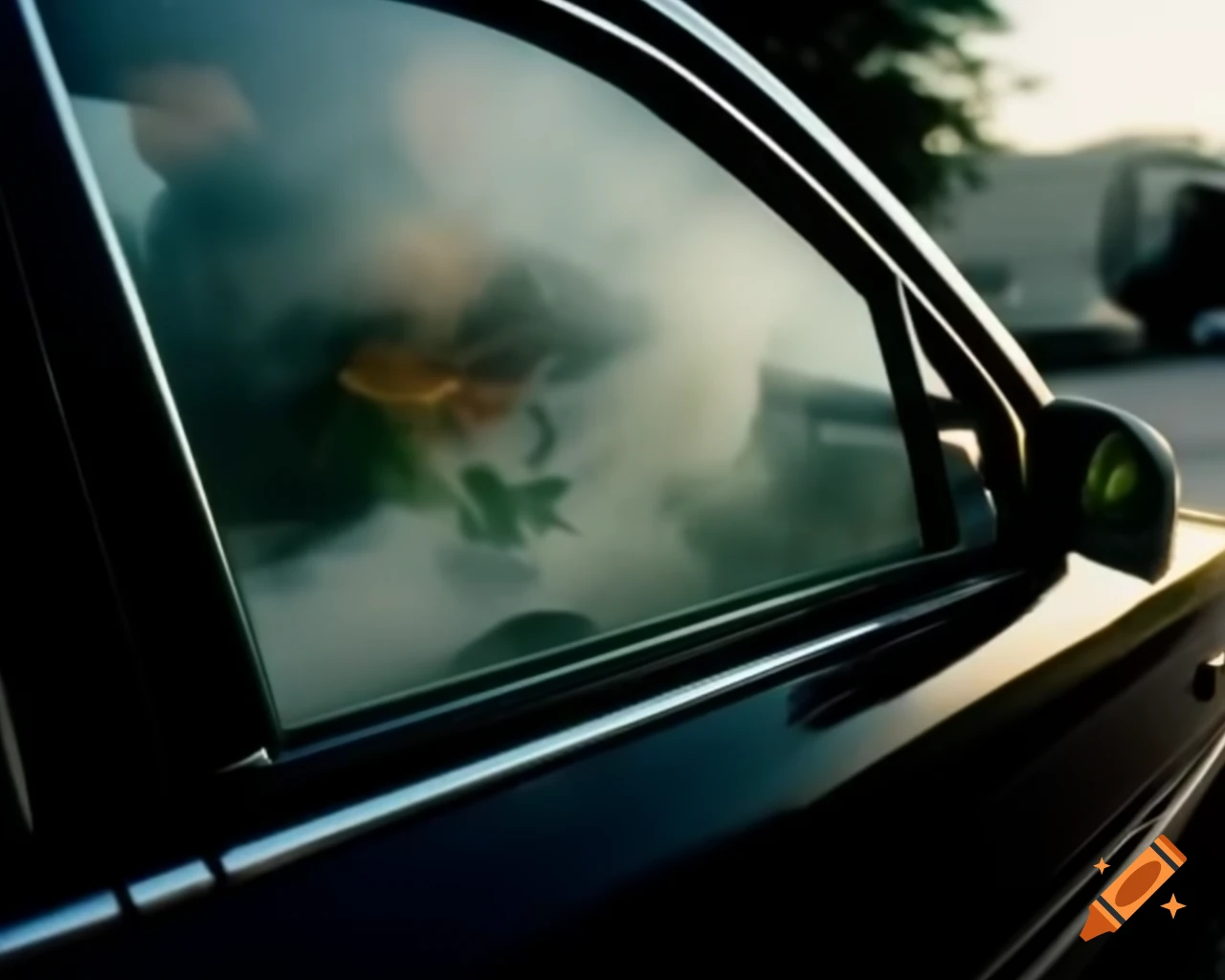 Car with smoke coming out of windows, slightly rolled down