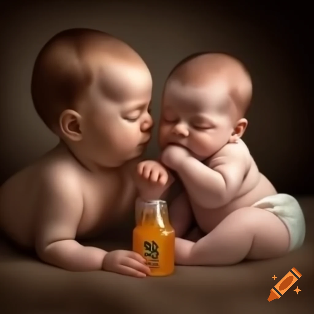 Chubby baby girl and baby boy playfully fighting over a bottle