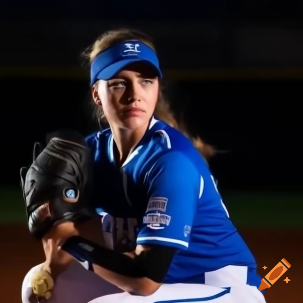 Female softball player in blue uniform holding glove and softball