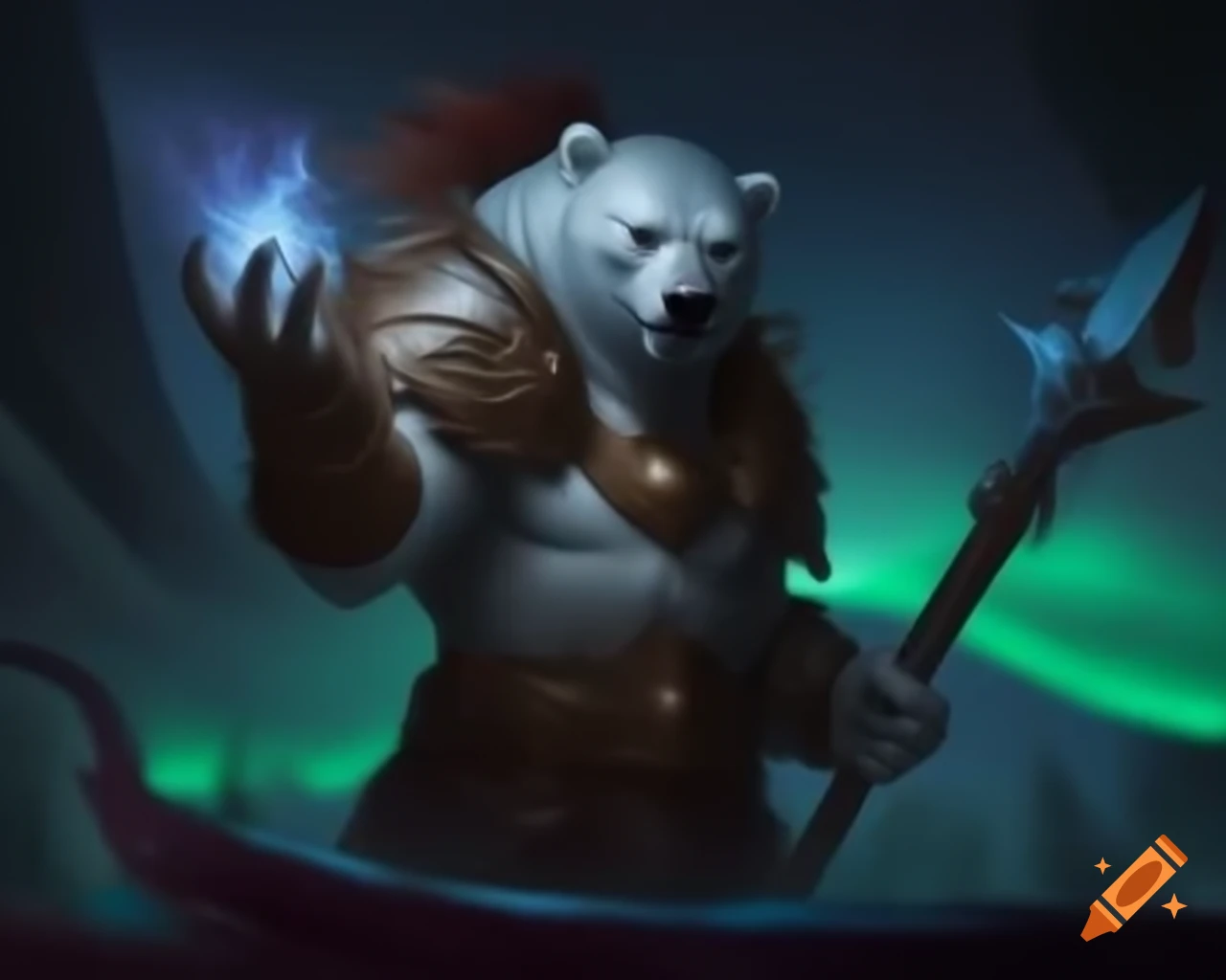 Muscular polar bear as a celestial warrior under aurora borealis in dark night