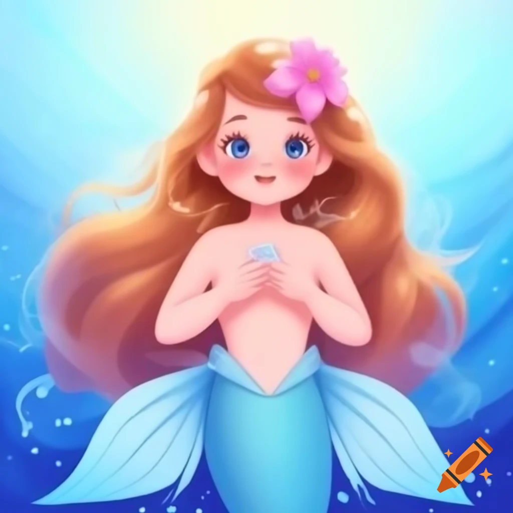 Cute vintage 1940 mermaid princess with brown hair and sparkly blue eyes
