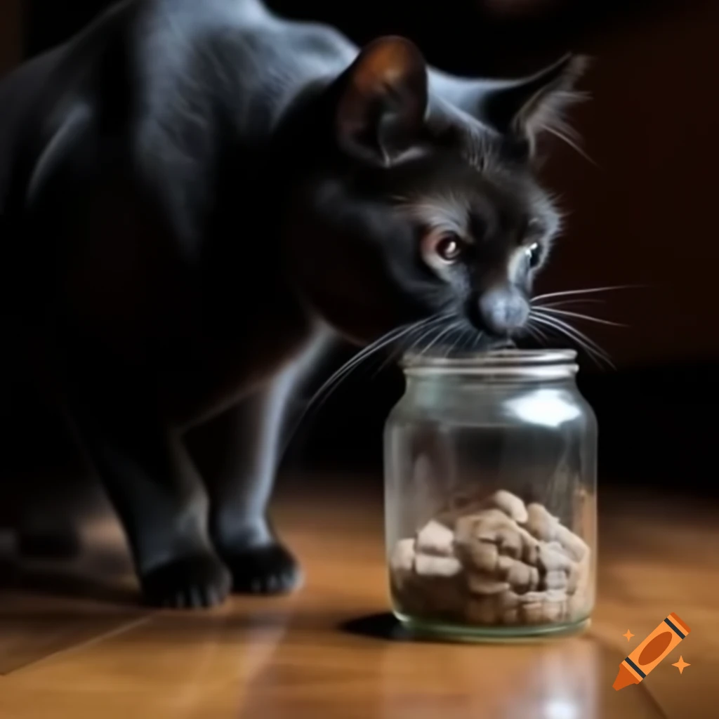 Black cat playing with a jar