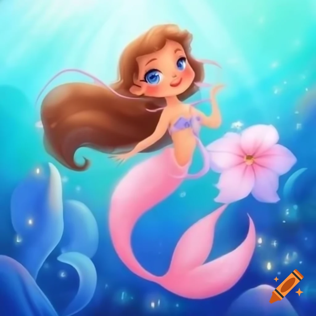 Vintage 1940s mermaid with brown hair and pink glittery fins