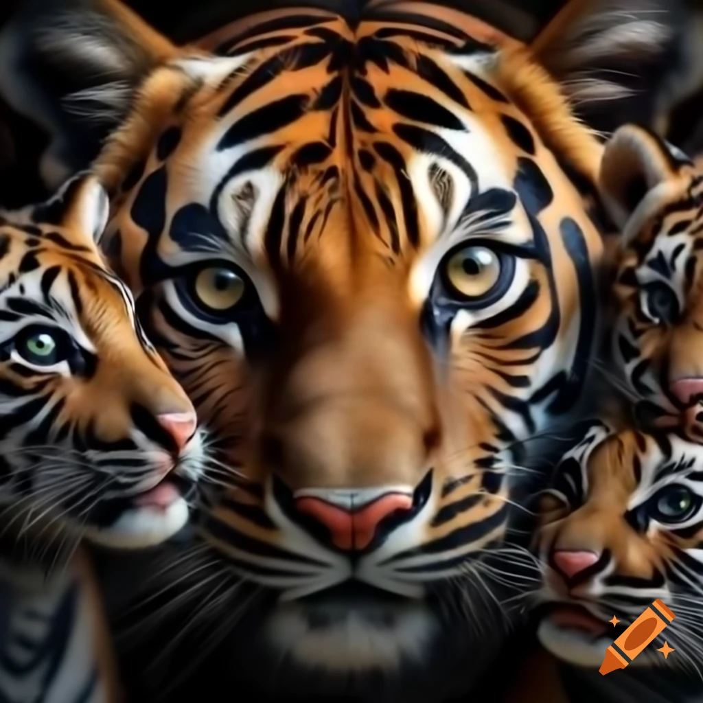 Realistic tiger face surrounded by tiger cubs, gentle and protective expression