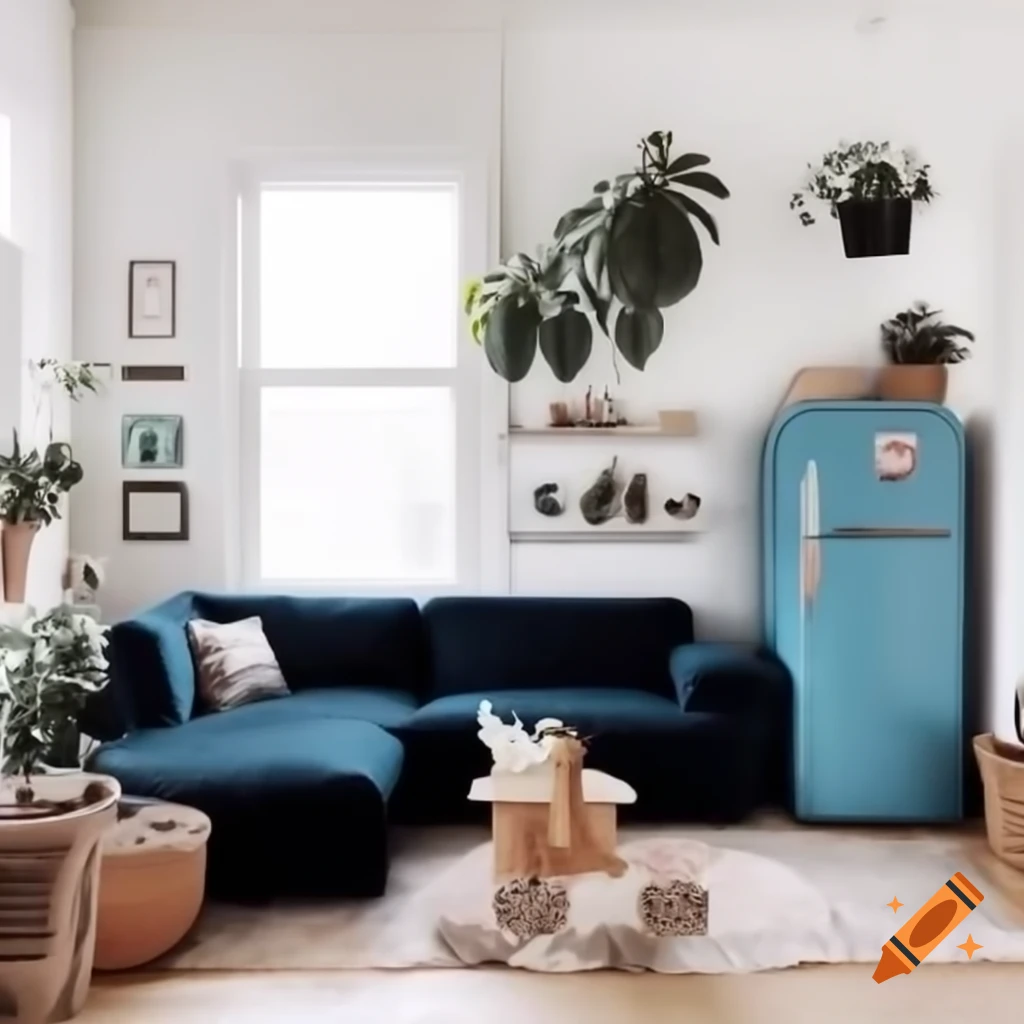 Boho style living room with dark blue L-shaped couch and vintage fridge