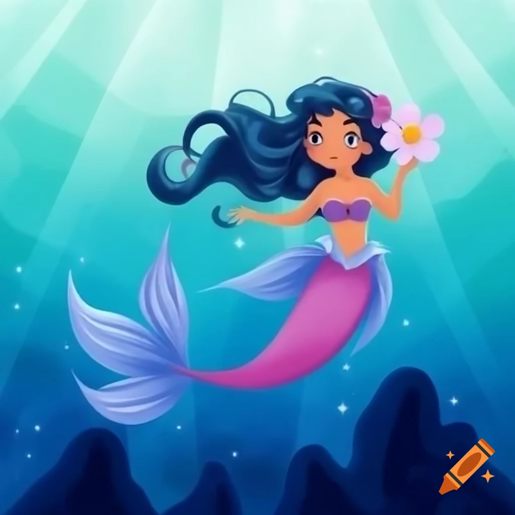 Vintage 1940 cartoon mermaid with dark skin swimming underwater, wearing a purple flower
