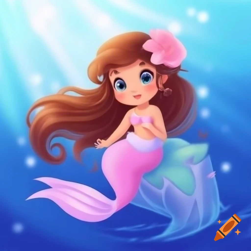 Cute vintage 1940 mermaid with brown hair and sparkly fins