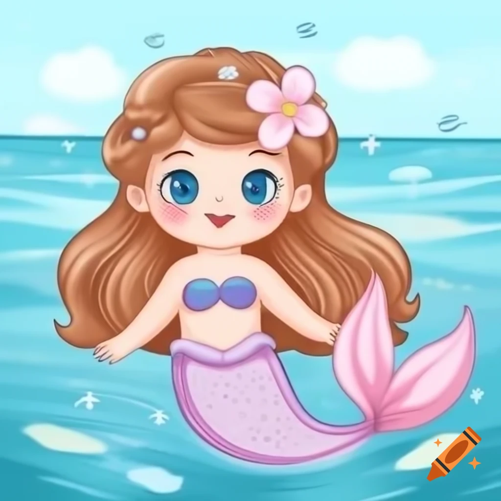 Vintage 1940 mermaid with brown hair and pink flower, sparkling fins underwater