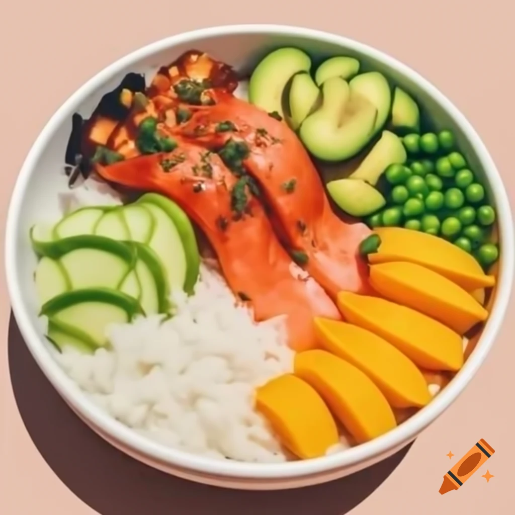 Poke bowl with salmon, mango, cucumber, avocado, and edamame