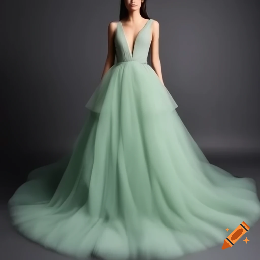 Sage green v-neck floor-length tulle gown with a full skirt