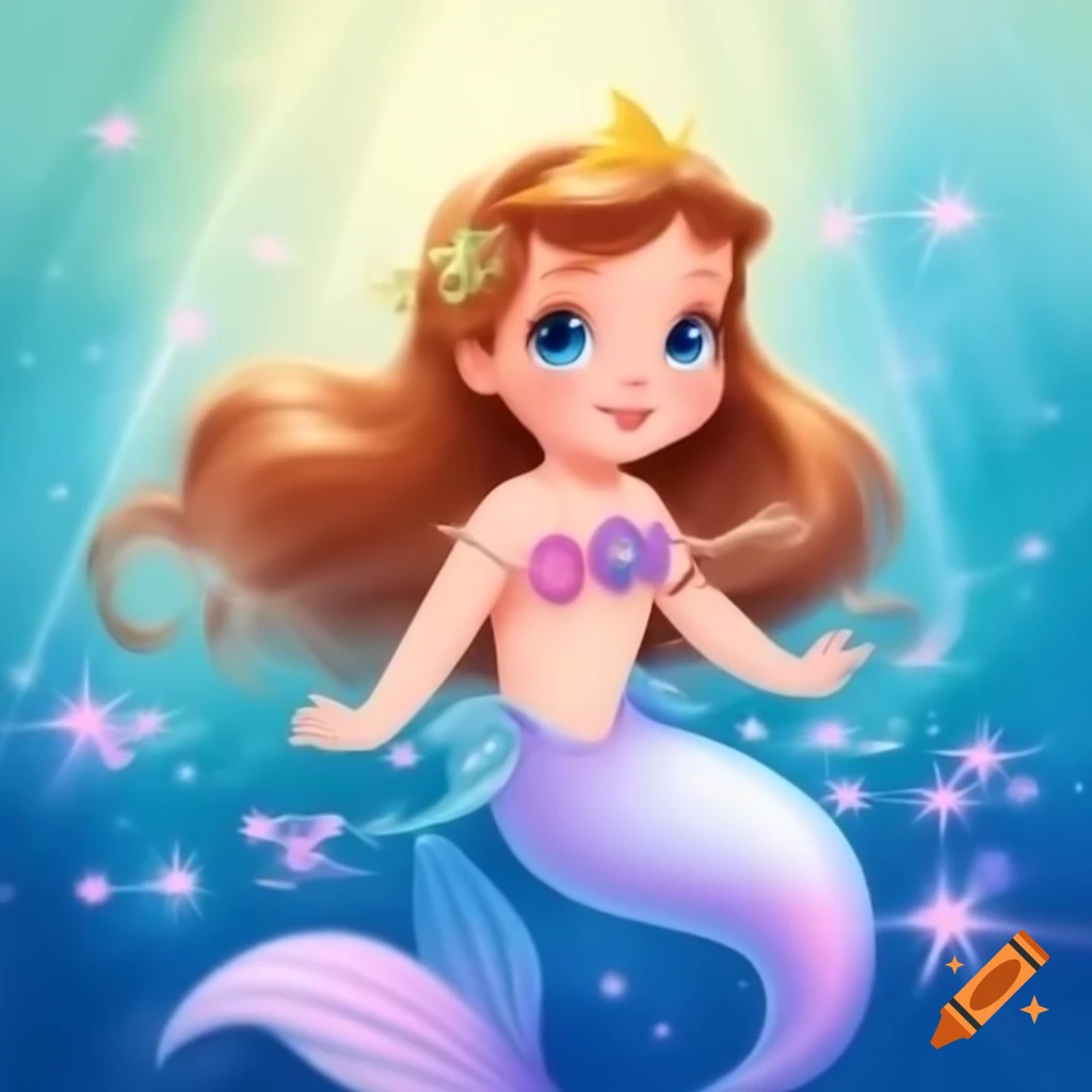 Cute vintage 1940 mermaid princess with brown hair and sparkly blue eyes
