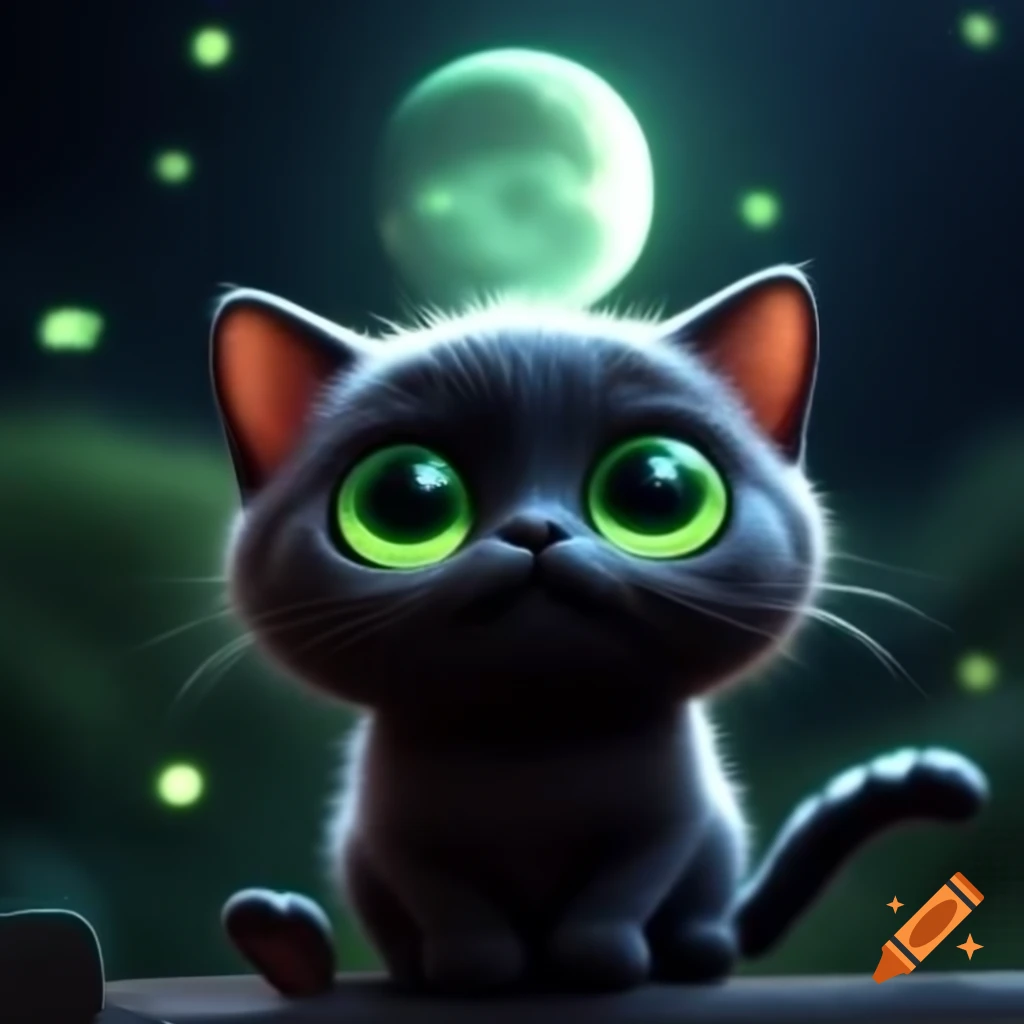 Cartoon art of a little black cat with green eyes under a full moon, 4k ...