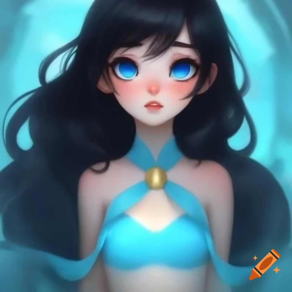 Mermaid with long black to blue hair, blue eyes, and light blue outfit with gold accents