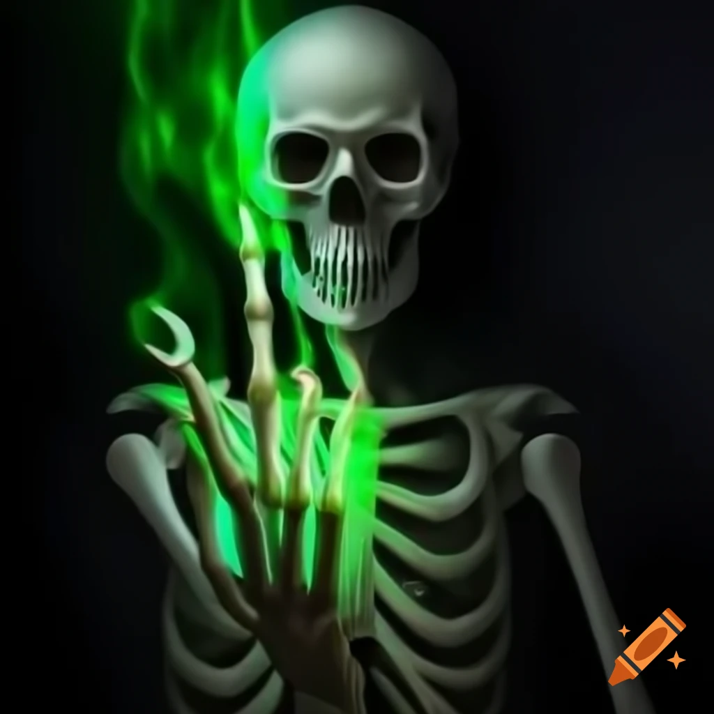 Human with one skeleton hand and green aura magic