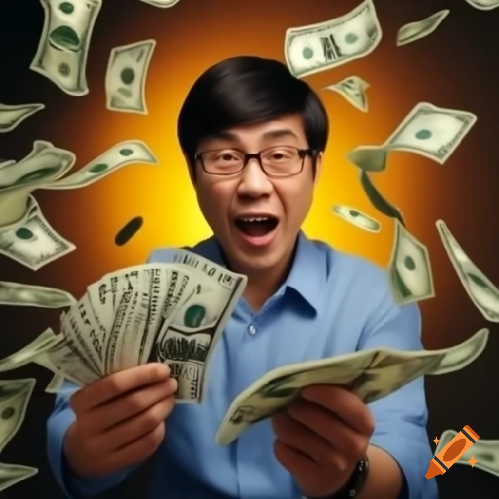 Asian man throwing cash representing Bitcoin