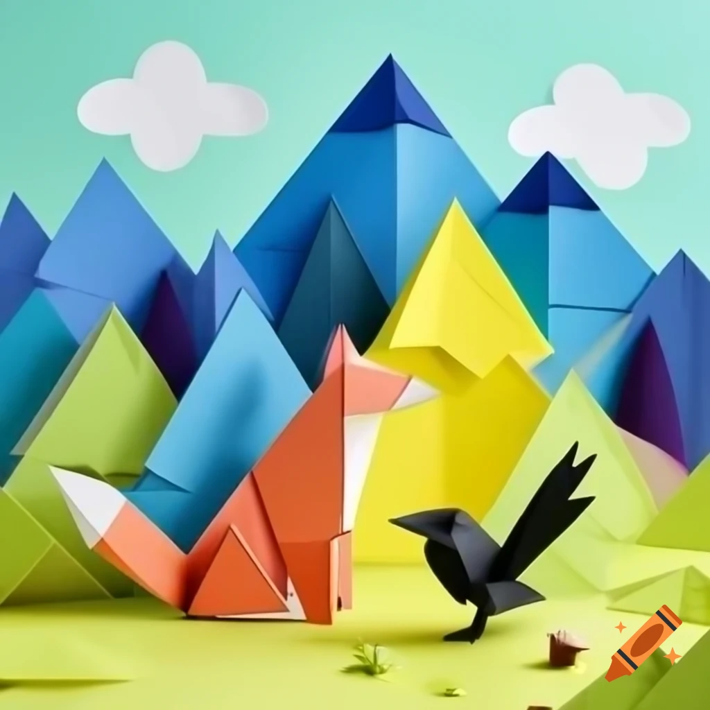 Origami fox and crow in colorful paper forest with folded trees and mountains