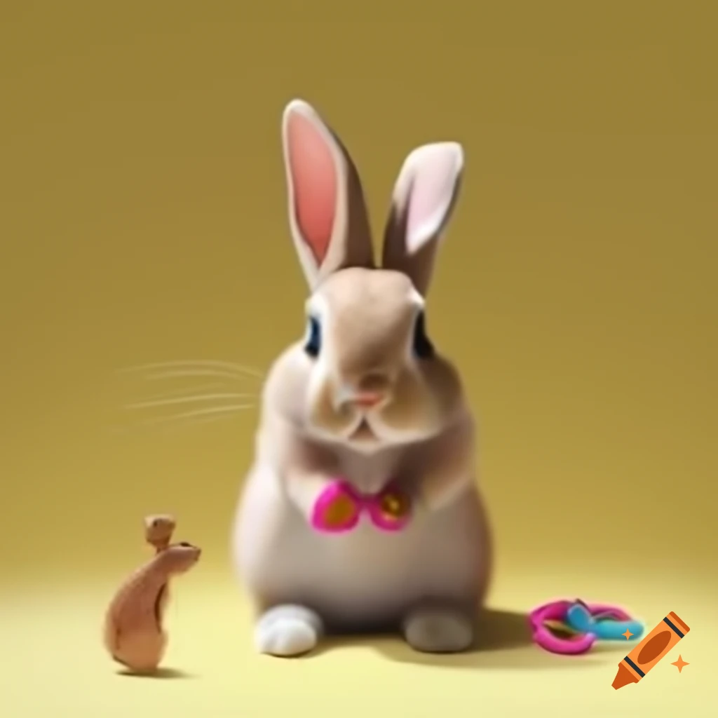 Adorable light brown rabbit with pink handcuffs on paws, fluffy and curious
