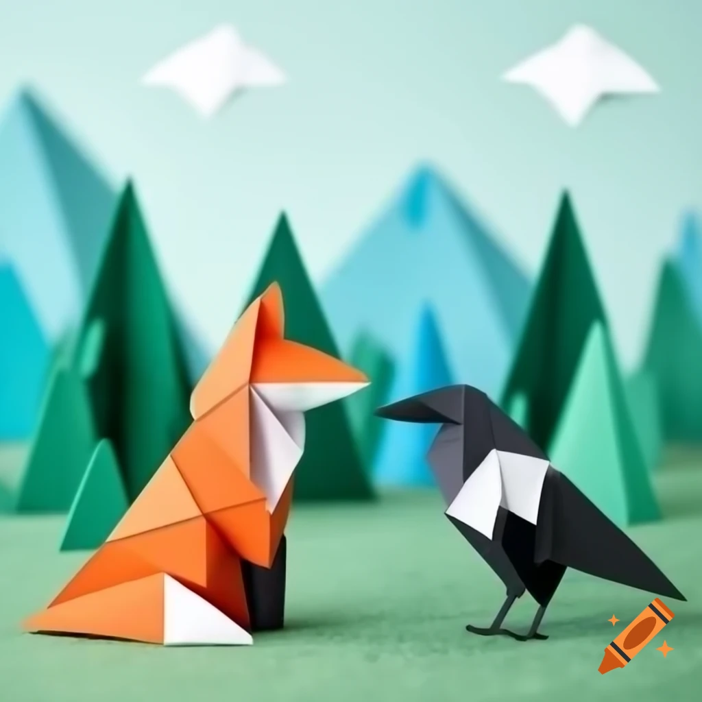 Origami fox and crow in colorful paper forest with folded trees and mountains