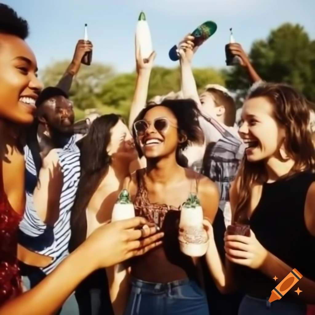 Lively outdoor college party with people drinking chocolate milk