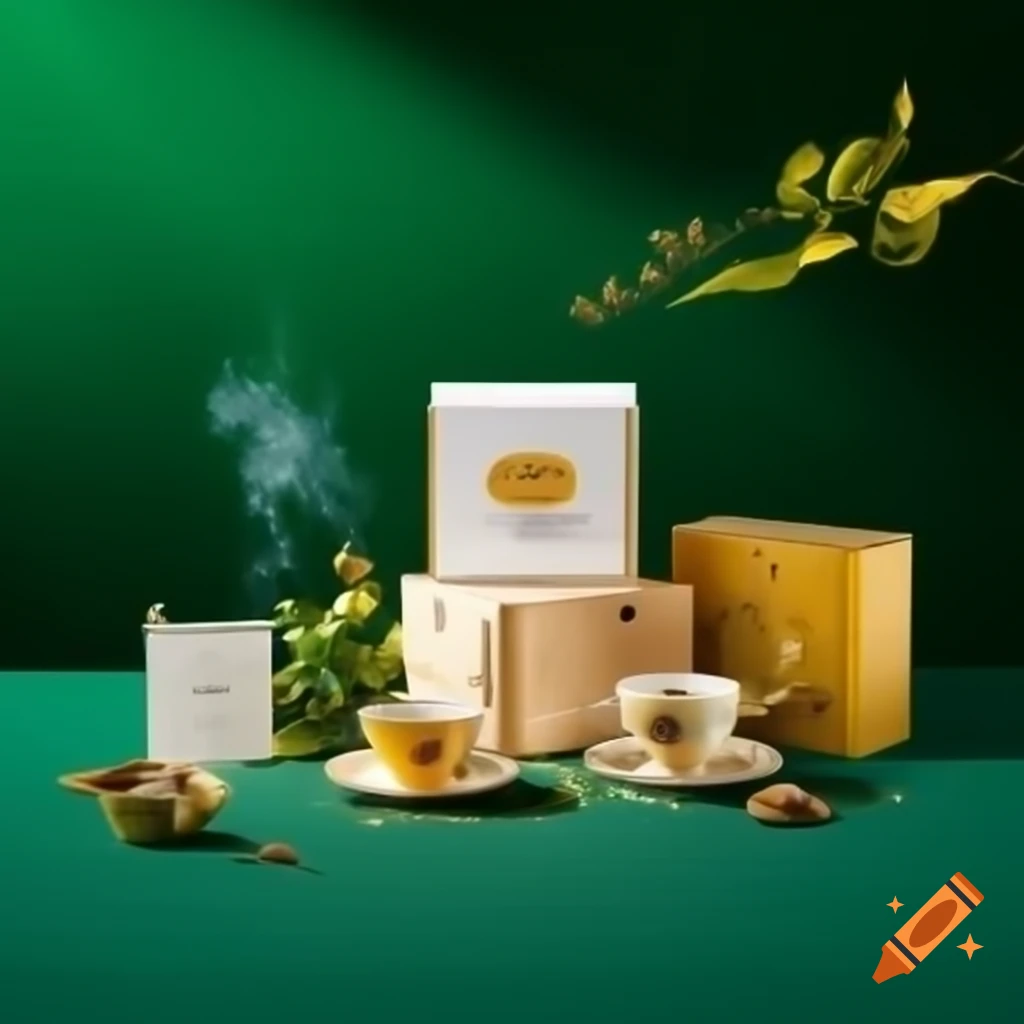 Tea packaging design for Golden Leaf Select Tea with central teacup and lush green background