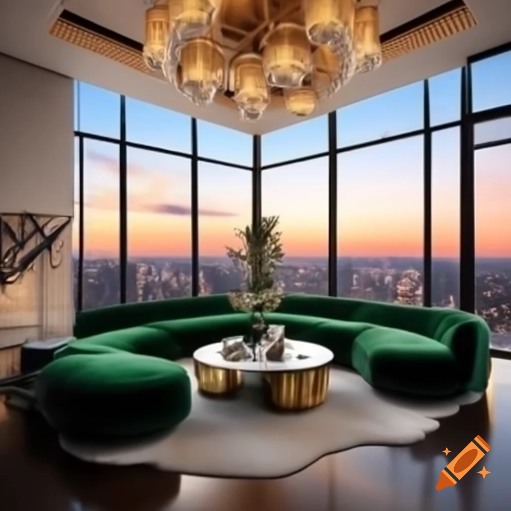 Modern luxurious living room with city skyline view at sunset on Craiyon