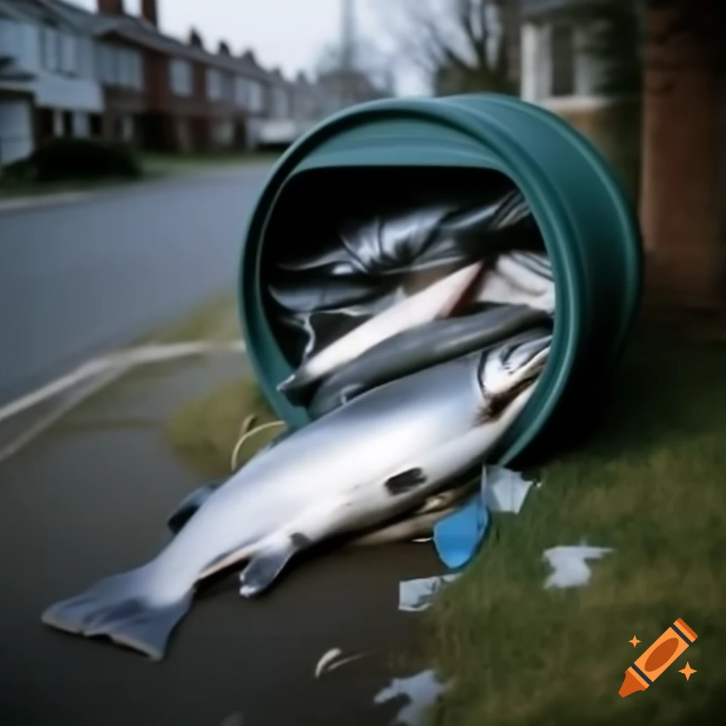 Suburban trash can filled with giant salmon