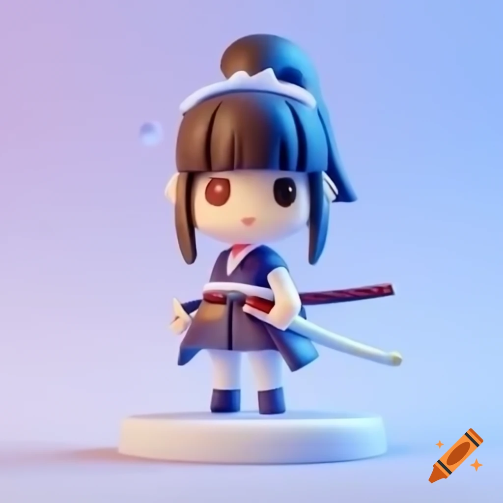 Anime girl figurine holding katana against white background in 3D