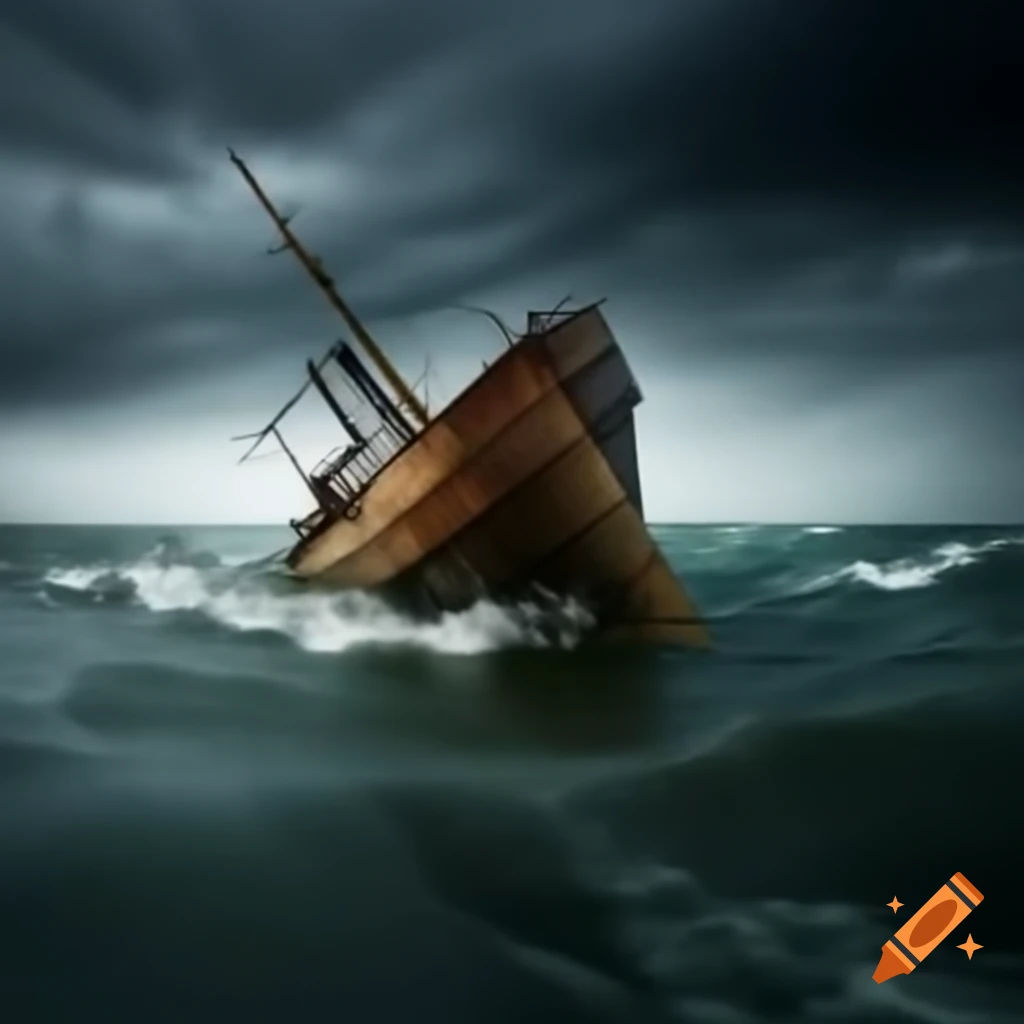 Old ship sinking during a storm