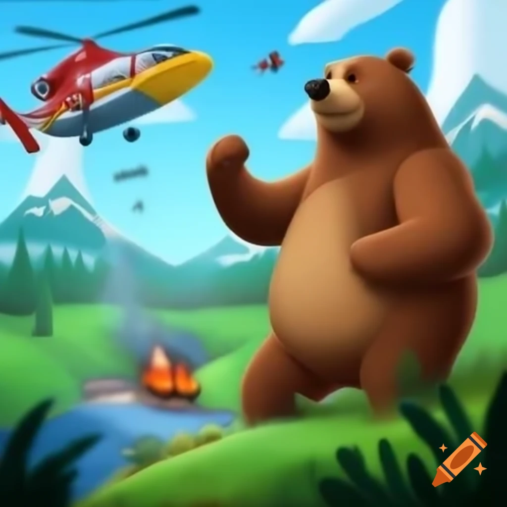 Cartoon bear with firehose fighting fire in mountainous landscape, helicopter overhead