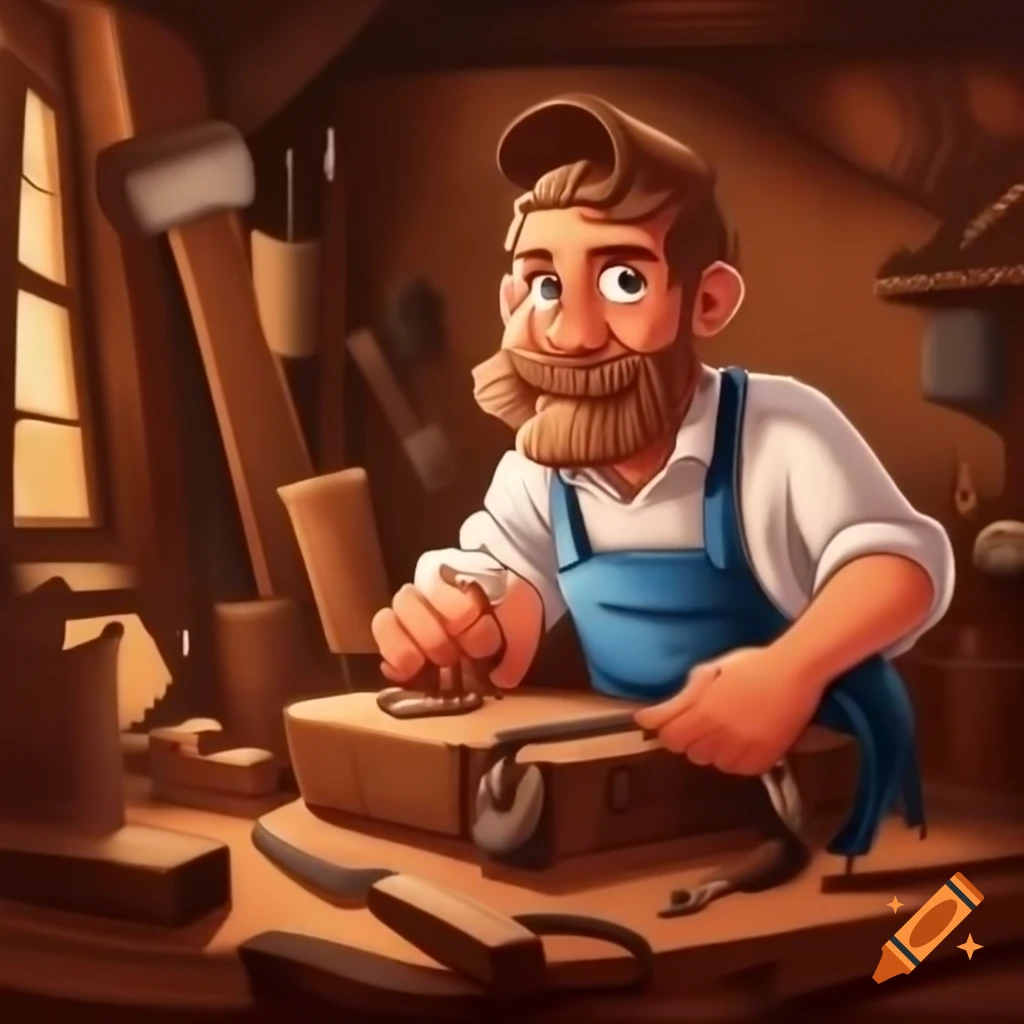 Craftsman shaping wood in cozy workshop with swirling sawdust and tools